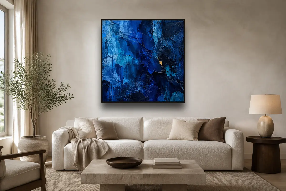 Signed Frank Isaac canvas from Some Things You Keep displayed in a modern lounge